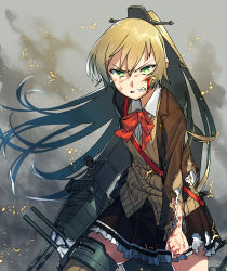 Rule 34 | 1girl, ascot, blazer, blew andwhite, blood, blood on face, brown hair, brown legwear, brown skirt, clenched teeth, damaged, furrowed brow, green eyes, hair between eyes, hair ornament, hairclip, high ponytail, highres, jacket, kantai collection, kumano (kancolle), long hair, long sleeves, machinery, outdoors, pleated skirt, ponytail, red ascot, remodel (kantai collection), rigging, school uniform, scratches, skirt, smoke, solo, teeth, torn clothes