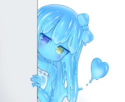 Rule 34 | 1girl, blue hair, blue skin, blush, bow, bowtie, colored skin, commentary request, curss, dress, green eyes, hair bow, heart, heterochromia, highres, looking at viewer, monster girl, original, peeking out, purple eyes, simple background, slime girl, solo, white background, white dress