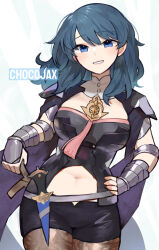 Rule 34 | 1girl, artist name, black shorts, blue eyes, blue hair, breasts, brown pantyhose, byleth (female) (fire emblem), byleth (fire emblem), chocojax, clothing cutout, commentary, cowboy shot, crests (fire emblem), dagger, fire emblem, fire emblem: three houses, grin, hand on own hip, highres, knife, long hair, looking at viewer, medium breasts, navel, navel cutout, nintendo, pantyhose, pantyhose under shorts, scabbard, sheath, sheathed, short shorts, short sleeves, shorts, smile, solo, standing, vambraces, weapon