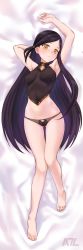 Rule 34 | 1girl, a-plug, absurdres, bare arms, bare legs, barefoot, bed sheet, black hair, black panties, breasts, dakimakura (medium), from above, full body, hair ornament, highres, indie virtual youtuber, lingerie, long hair, looking at viewer, lying, midriff, on back, panties, parted bangs, small breasts, solo, stomach, underwear, very long hair, virtual youtuber, yellow eyes