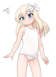 Rule 34 | 1girl, absurdres, blonde hair, blue eyes, bow, dated, female focus, flat chest, hair bow, hair ornament, highres, kantai collection, long hair, looking at viewer, maru (marg0613), one-hour drawing challenge, one-piece swimsuit, school swimsuit, simple background, solo, standing, swimsuit, twitter username, u-511 (kancolle), white background, white one-piece swimsuit