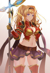 Rule 34 | 1girl, armor, belt, black hairband, blonde hair, blue eyes, braid, breasts, buckle, cleavage, cleavage cutout, clothing cutout, commentary request, cowboy shot, crown braid, gauntlets, granblue fantasy, grin, groin, hair between eyes, hair ornament, hairband, highres, holding, holding weapon, koyaya, large breasts, long hair, navel, open clothes, open skirt, panties, pauldrons, pleated skirt, purple skirt, shoulder armor, sidelocks, skirt, smile, solo, stomach, thighhighs, twintails, underwear, weapon, zeta (granblue fantasy)