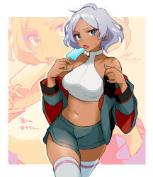 Rule 34 | 1girl, ahoge, aizaki b, asticassia school uniform, blush, breasts, collarbone, cropped shirt, dark-skinned female, dark skin, food, green eyes, green jacket, grey hair, gundam, gundam suisei no majo, halter shirt, halterneck, highres, holding, holding food, ice cream, jacket, large breasts, looking at viewer, midriff, navel, open mouth, popsicle, school uniform, secelia dote, short hair, short shorts, shorts, skindentation, solo, thighhighs, thighs, white thighhighs, zoom layer