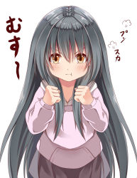 Rule 34 | 1girl, :t, black hair, blush, brown eyes, child, clenched hands, creek (moon-sky), highres, hood, hoodie, long hair, original, pout, shirt, skirt, solo, very long hair, youjo (creek (moon-sky))