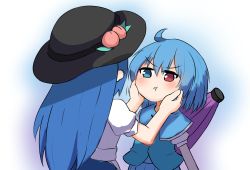 Rule 34 | 2girls, :t, ahoge, black headwear, blue capelet, blue eyes, blue hair, capelet, commentary, english commentary, ferdy&#039;s lab, food, fruit, hands on another&#039;s cheeks, hands on another&#039;s face, heterochromia, highres, hinanawi tenshi, leaf, long hair, looking at another, multiple girls, peach, pout, purple umbrella, red eyes, short hair, short sleeves, tatara kogasa, touhou, umbrella, upper body, v-shaped eyebrows