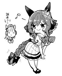 Rule 34 | 2girls, :&gt;, animal ears, bow, bowtie, braided hair rings, braided tail, commentary, deformed, doodle inset, ear bow, ear covers, ear ornament, eighth note, gentildonna (umamusume), gold ship (umamusume), greyscale, hair bow, headgear, highres, horse ears, horse girl, horse tail, loafers, long hair, monochrome, multiple girls, musical note, notice lines, pillbox hat, pleated skirt, puffy short sleeves, puffy sleeves, sailor collar, sailor shirt, school uniform, shirt, shoes, short sleeves, sidelocks, simple background, skirt, summer uniform, tail, tail bow, tail ornament, takatsuki nato, tracen school uniform, translated, umamusume