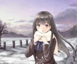 Rule 34 | 1girl, black hair, blush, bow, bowtie, cloud, cloudy sky, eyebrows, fence, grey eyes, long hair, looking at viewer, mountain, original, road, scarf, sky, snow, solo, tree, usanoha, winter, winter clothes