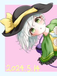 Rule 34 | 1girl, 2024, :o, absurdres, adapted costume, black hat, blush, buttons, capelet, close-up, commentary, dated, diamond button, fingernails, frilled capelet, frills, green capelet, green eyes, grey hair, hat, highres, koishi day, komeiji koishi, looking at viewer, open mouth, peeking out, pink background, shirt, simple background, solo, sr (takutaku525mi), sun hat, third eye, touhou, two-tone background, yellow shirt