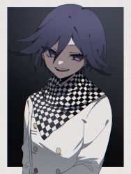 Rule 34 | 1boy, :d, akahito (akaironotanin), black background, border, buttons, checkered clothes, checkered scarf, danganronpa (series), danganronpa v3: killing harmony, double-breasted, flipped hair, gradient background, grey background, grey jacket, highres, jacket, medium hair, oma kokichi, open mouth, purple eyes, scarf, smile, solo, teeth, upper body, upper teeth only, white border