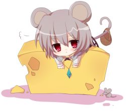 Rule 34 | 1girl, :&lt;, animal ears, bad id, bad pixiv id, basket, cheese, chibi, female focus, food, grey hair, jewelry, mouse (animal), mouse ears, mouse tail, nazrin, necklace, red eyes, solo, tail, touhou, white background, yukimiya (parupunta)