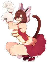 Rule 34 | 1girl, absurdres, arms up, bare shoulders, belt, boku no hero academia, boots, breasts, brown hair, cat tail, facial mark, female focus, full body, gloves, headgear, high heels, highres, large breasts, looking at viewer, mandalay (boku no hero academia), navel, paw pose, red hair, red skirt, simple background, skirt, smile, solo, tail, thighs, tsunami samemaru, white background