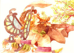 Rule 34 | 1boy, 1girl, blonde hair, braid, butterfly wings, cape, closed eyes, couple, fairy, flower, hair flower, hair ornament, hat, hat feather, hetero, hug, ingway (odin sphere), insect wings, long hair, mercedes (odin sphere), odin sphere, painting (medium), pointy ears, puff and slash sleeves, puffy shorts, puffy sleeves, rina (michishirube), sash, shorts, smile, tears, traditional media, twin braids, watercolor (medium), wings
