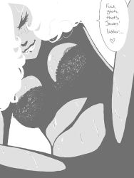 Rule 34 | afro, artist request, bra, english text, greyscale, lingerie, monochrome, navel, nipple slip, nipples, no more heroes, shinobu jacobs, smile, solo, speech bubble, sweat, underwear, white hair