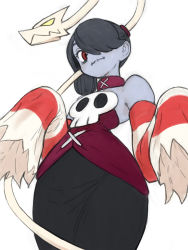 Rule 34 | 1girl, asymmetrical hair, bare shoulders, black neckwear, blue hair, blue skin, breasts, colored skin, detached collar, detached sleeves, dress, hair over one eye, highres, leviathan (skullgirls), looking at viewer, medium breasts, red eyes, side ponytail, skeletal arm, skullgirls, smile, solo, squigly (skullgirls), stitched mouth, stitches, striped, striped sleeves, toshinoshin, zombie