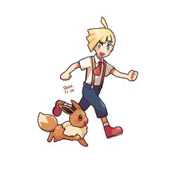 Rule 34 | 1boy, :d, aged down, ahoge, blonde hair, blush, capri pants, clenched hands, collared shirt, commentary request, creatures (company), daifuku (pokefuka art), dated, eevee, game freak, gen 1 pokemon, gladion (pokemon), green eyes, male focus, necktie, nintendo, open mouth, pants, pokemon, pokemon (anime), pokemon (creature), pokemon sm (anime), shirt, shoes, short hair, short necktie, short sleeves, simple background, smile, suspenders, white background, white shirt