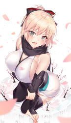 Rule 34 | 1girl, absurdres, bad id, bad pixiv id, black bow, black scarf, black thighhighs, blonde hair, blush, bow, breasts, cherry blossoms, fate (series), from above, hair bow, highres, koha-ace, large breasts, looking at viewer, okita souji (fate), okita souji (koha-ace), open mouth, petals, scarf, sitting, solo, suigetsu (hjs1106), teeth, thighhighs, wariza, yellow eyes