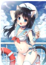 Rule 34 | 1girl, :d, absurdres, ahoge, animal ear fluff, animal ears, arm up, bare shoulders, beret, bikini, black hair, blue eyes, blue sky, breasts, cat ears, cat girl, cat tail, choker, cleavage, cloud, cloudy sky, collarbone, day, fang, food, frills, groin, hand up, hat, highres, holding, holding food, horizon, ice cream, large breasts, leg up, lifebuoy, long hair, looking at viewer, mary janes, mauve, nail polish, navel, ocean, open mouth, original, outdoors, polka dot, railing, sailor bikini, sailor collar, scan, shoes, side-tie bikini bottom, sky, smile, solo, stomach, sunlight, swim ring, swimsuit, tail, thighhighs, white bikini, white hat, white thighhighs, wrist cuffs
