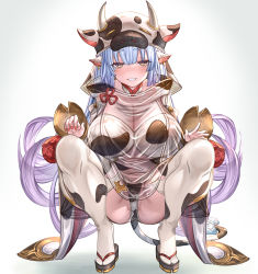 Rule 34 | 1girl, absurdres, aldehyde, animal ears, animal print, bare shoulders, bikini, blue hair, blush, breasts, catura (granblue fantasy), cleavage, cow ears, cow girl, cow hat, cow horns, cow print, cow tail, detached collar, detached sleeves, draph, ear piercing, granblue fantasy, grin, highres, horns, large breasts, long hair, looking at viewer, navel, piercing, pointy ears, see-through, short shorts, shorts, smile, solo, squatting, swimsuit, tail, thighhighs, white bikini, white shorts, white thighhighs, wide sleeves