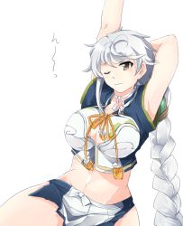 Rule 34 | 10s, 1girl, arms up, asymmetrical hair, bad id, bad twitter id, braid, breasts, brown eyes, cleavage cutout, clothing cutout, cloud print, crop top, kantai collection, kona (soyakimi), large breasts, long hair, midriff, miniskirt, one eye closed, silver hair, simple background, single braid, sitting, sketch, skirt, stretching, unryuu (kancolle), very long hair, wavy hair, wavy mouth, white background
