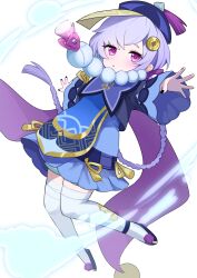 Rule 34 | 1girl, bead necklace, beads, black footwear, black nails, blue shorts, blush, braid, braided ponytail, coin hair ornament, dress, floating, full body, genshin impact, hair ornament, hat, highres, jewelry, jiangshi, long hair, long sleeves, looking at viewer, necklace, ofuda, ofuda on head, open mouth, outstretched arms, pale skin, purple dress, purple eyes, purple hair, purple hat, qingdai guanmao, qiqi (genshin impact), shorts, shorts under dress, solo, tassel, thighhighs, uchuu, white background, white thighhighs, wide sleeves