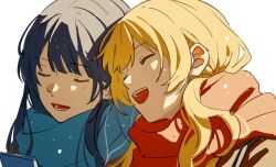 2girls ado_(utaite) aoi_(ado) black_hair blonde_hair blue_scarf closed_eyes commentary_request highres himawari_(ado) hinata_(ado) long_hair lower_teeth_only mele_ck multiple_girls open_mouth red_scarf scarf simple_background teeth upper_teeth_only white_background