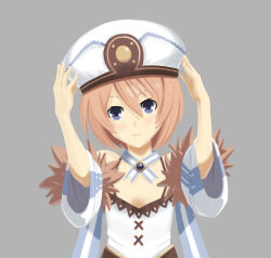 Rule 34 | 10s, 1girl, bare shoulders, blanc (neptunia), blue eyes, blush, brown hair, closed mouth, enmouno, female focus, hat, looking at viewer, neptune (series), short hair, simple background, smile, solo