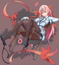 Rule 34 | 1girl, absurdres, asymmetrical hair, bad id, bad twitter id, black footwear, black pantyhose, blush, bow, braid, breasts, brush, buttons, chair, collared jacket, doughnut, dress shoes, elbow rest, feet, floating, food, girls&#039; frontline, gloves, grey shirt, hair between eyes, hair bow, hair ornament, hair ribbon, hairclip, half-closed eyes, hand on own knee, hexagram, highres, israel, jacket, long hair, looking at viewer, medium breasts, negev (girls&#039; frontline), ornim, pantyhose, parted lips, pink hair, pleated skirt, red bow, red eyes, ribbon, shirt, shoe dangle, sidelocks, sitting, sitting on object, skirt, smile, smirk, solo, star of david, white gloves, white skirt