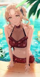 Rule 34 | 1girl, absurdres, bikini, blurry, blurry foreground, blush, bracelet, breasts, cleavage, depth of field, hair bun, highres, ichikawa hinana, idolmaster, idolmaster shiny colors, jewelry, lace, lace-trimmed bikini, lace trim, lantern, light brown hair, looking at viewer, medium breasts, nail polish, navel, paper lantern, parted bangs, partially submerged, petals, petals on liquid, pool, poolside, red bikini, see-through, single side bun, smile, solo, swimsuit, wavy hair, zelo6
