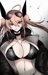Rule 34 | absurdres, ahoge, bad id, bad pixiv id, bikini, breasts, brown hair, candy, choker, eyewear on head, food, food in mouth, hair ribbon, highres, jacket, jacket over swimsuit, kyle (kysizzle), large breasts, lollipop, long hair, looking at viewer, mole, mole on body, mole on breast, mole under eye, original, red eyes, ribbon, solo, sunglasses, swimsuit, tagme, twintails