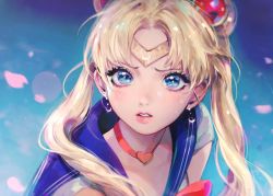 Rule 34 | 1girl, bishoujo senshi sailor moon, blonde hair, blue eyes, blue sailor collar, blurry, blurry background, bow, bowtie, breasts, choker, cleavage, crescent, crescent earrings, depth of field, derivative work, earrings, from side, hair ornament, heart, heart choker, highres, jewelry, meme, parted bangs, parted lips, petals, realistic, red bow, red bowtie, red choker, sailor collar, sailor moon, sailor moon redraw challenge (meme), school uniform, screenshot redraw, serafuku, solo, sweatdrop, tiara, tsukino usagi, twintails, upper body, viorie
