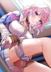 1girl absurdres blue_eyes blurry blurry_background blush breasts brown_gloves choker depth_of_field from_below gloves grin highres honkai:_star_rail honkai_(series) indoors large_breasts legs long_sleeves looking_at_viewer looking_down march_7th_(honkai:_star_rail) march_7th_(preservation)_(honkai:_star_rail) multicolored_eyes partially_fingerless_gloves pink_hair purple_eyes shirt short_hair smile solo sublime thighs tomozero white_shirt