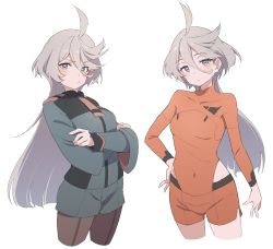 Rule 34 | 1girl, absurdres, ahoge, asticassia school uniform, black pantyhose, blush, bodysuit, covered navel, cropped legs, crossed arms, eitopondo, eyes visible through hair, green jacket, green shorts, grey eyes, grey hair, gundam, gundam suisei no majo, hair between eyes, hand on own hip, highres, jacket, long hair, long sleeves, looking at viewer, miorine rembran, multiple views, necktie, o3o, orange bodysuit, pantyhose, red necktie, school uniform, shorts, simple background, waist cutout, white background