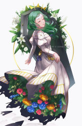 Rule 34 | 1girl, casket, dress, closed eyes, fire emblem, fire emblem: three houses, flower, from behind, green hair, highres, holding clothes, holding dress, juliet sleeves, long hair, long sleeves, looking back, lunachaili, nintendo, open mouth, puffy sleeves, simple background, sitri (fire emblem), solo, white background, white dress