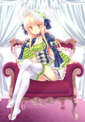 Rule 34 | 1girl, blonde hair, blush, bonnet, breasts, chair, choker, cleavage, curtains, dress, frills, full body, garter straps, hat, jewelry, lace, legs, lolita fashion, long hair, looking at viewer, miyu (botan), necklace, no shoes, open mouth, original, ribbon, sitting, sleeves past wrists, solo, thighhighs, white thighhighs, yellow eyes