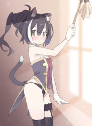Rule 34 | 1girl, ahoge, animal ear fluff, animal ears, bare shoulders, black hair, black panties, black thighhighs, blade (galaxist), blouse, blurry, blurry background, blush, breasts, bridal garter, cat ears, cat girl, cat tail, closed mouth, commentary, depth of field, duster, eyebrows hidden by hair, garter straps, gloves, green eyes, hair between eyes, holding, indoors, karyl (princess connect!), looking at viewer, looking to the side, multicolored hair, no detached sleeves, no pants, panties, ponytail, princess connect!, shirt, sleeveless, sleeveless shirt, small breasts, solo, standing, streaked hair, symbol-only commentary, tail, tail raised, thighhighs, underwear, white gloves, white hair, white shirt, window