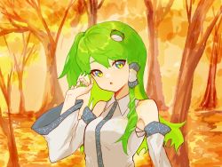Rule 34 | 1girl, autumn, breasts, chinese commentary, collared shirt, commentary request, detached sleeves, frog hair ornament, green eyes, green hair, hair ornament, highres, kochiya sanae, long hair, medium breasts, open mouth, outdoors, shirt, single hair tube, sleeveless, sleeveless shirt, solo, touhou, tree, tuyeyeyo, upper body, white shirt, white sleeves