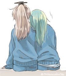 Rule 34 | 10s, 2girls, aqua hair, brown hair, from behind, hair ornament, jersey, kantai collection, kumano (kancolle), leaning on person, long hair, multiple girls, personification, ponytail, sitting, suzuya (kancolle), tadano kagekichi, track suit