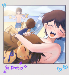 Rule 34 | 2boys, 2girls, arrow (symbol), aubrey (faraway) (omori), aubrey (omori), beach, black hair, blue one-piece swimsuit, blue swim trunks, blush, brown hair, child, closed eyes, closed mouth, cloud, collarbone, cup, dark-skinned female, dark skin, drinking straw, english text, facing viewer, food, fruit, genderswap, genderswap (ftm), genderswap (mtf), hair behind ear, hair between eyes, hand on another&#039;s head, heart, hero (faraway) (omori), hero (omori), highres, holding, holding cup, kel (faraway) (omori), kel (omori), lemon, lemon juice, lemon slice, long hair, looking at another, lying, mari (faraway) (omori), mari (omori), maromichan, messy hair, multiple boys, multiple girls, navel, omori, on back, one-piece swimsuit, open mouth, outdoors, parted lips, sand, short hair, siblings, sisters, smile, sparkle, standing, sweatdrop, swimsuit, teeth, thumbs up, topless male, upper teeth only