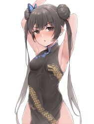 Rule 34 | 1girl, absurdres, armpits, arms up, black dress, black eyes, black hair, blue archive, butterfly hair ornament, china dress, chinese clothes, commentary request, double bun, dragon print, dress, hair bun, hair ornament, highres, kisaki (blue archive), long hair, looking at viewer, pelvic curtain, print dress, sleeveless, sleeveless dress, solo, sweat, syarrchan, twintails