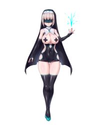 Rule 34 | 1girl, blindfold, breasts, bridal gauntlets, brown hair, chain paradox, cocytus (wind master), covered navel, crossed legs, elbow gloves, full body, gloves, habit, jewelry, large breasts, latex, necklace, nun, pasties, shiny clothes, short hair, skindentation, smile, solo, standing, thighhighs, watson cross, white background