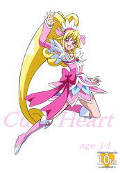 Rule 34 | 1girl, :d, aida mana, anniversary, arm up, arm warmers, arudebido, blonde hair, boots, bow, brooch, character name, choker, copyright name, cure heart, dokidoki! precure, earrings, frills, full body, half updo, heart, heart brooch, jewelry, knee boots, long hair, magical girl, open mouth, pink bow, pink eyes, pink footwear, pink skirt, ponytail, precure, ribbon, skirt, smile, solo, waist bow, white background