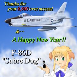Rule 34 | 1girl, aircraft, airplane, animal ears, arthur pendragon (fate), artoria pendragon (all), artoria pendragon (fate), blonde hair, cloud, day, dog ears, english text, engrish text, f-86, f-86d, fate/stay night, fate (series), flying, green eyes, jet, milestone celebration, mouse (animal), new year, ranguage, saber (fate), saver (fate/prototype), sky, tin tin banchou, upper body, vehicle focus