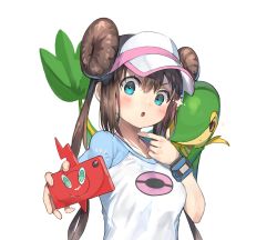 Rule 34 | 1girl, :o, blue eyes, blush, breasts, brown hair, collarbone, commentary request, creatures (company), double bun, game freak, gen 4 pokemon, gen 5 pokemon, hair between eyes, hair bun, hat, highres, holding, long hair, looking at viewer, medium breasts, nintendo, on shoulder, open mouth, poke ball, pokedex, pokemon, pokemon (creature), pokemon bw2, pokemon masters ex, pokemon on shoulder, raglan sleeves, ranf, rosa (pokemon), rotom, rotom phone, sidelocks, simple background, snivy, twintails, upper body, visor cap, white background