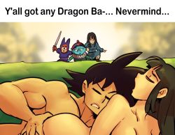 Rule 34 | 2girls, 3boys, black hair, blue skin, blunt bangs, chi-chi (dragon ball), clothed female nude female, clothed female nude male, clothed male nude female, clothed male nude male, colored skin, creature, dragon ball, dragon ball (classic), english text, hetero, implied sex, mai (dragon ball), multiple boys, multiple girls, nortuet, nude, pilaf, pointy ears, shuu (dragon ball), son goku, spiked hair, spooning, sword, weapon