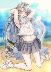 Rule 34 | 1girl, anchor, asymmetrical bangs, beach, casual one-piece swimsuit, choker, commentary request, crop top, flower, frilled shirt, frills, full body, goushougun-sensei, grey hair, grey skirt, hair flower, hair ornament, hairband, highleg, highleg swimsuit, highres, kantai collection, leaning back, lips, long hair, looking at viewer, low-tied long hair, ocean, official alternate costume, one-piece swimsuit, pleated skirt, purple eyes, sagiri (kancolle), shawl, shirt, side-tie shirt, side-tie swimsuit, sitting, skirt, solo, swept bangs, swimsuit, swimsuit under clothes, toeless footwear, turtleneck, wariza, white choker, white one-piece swimsuit, white shawl