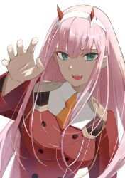 Rule 34 | 1girl, :d, absurdres, backlighting, breasts, commentary, darling in the franxx, eyelashes, eyes visible through hair, fangs, green eyes, hair between eyes, hairband, hand up, highres, horns, jacket, long hair, long sleeves, looking at viewer, medium breasts, oni horns, open mouth, paw pose, pink hair, red horns, red jacket, sidelocks, simple background, smile, solo, straight hair, teeth, tsurime, upper body, very long hair, white background, white hairband, yanagi marie, zero two (darling in the franxx)
