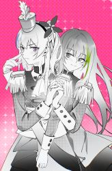 Rule 34 | 2girls, absurdres, blush, closed mouth, dsp0355, feet out of frame, finger to own nose, flower, girls&#039; frontline, grey eyes, greyscale, greyscale with colored background, hair flower, hair ornament, hat, highres, holding hands, long hair, looking at another, looking at viewer, m4a1 (girls&#039; frontline), marching band, mini hat, monochrome, multicolored hair, multiple girls, pink background, purple eyes, simple background, smile, st ar-15 (girls&#039; frontline), standing