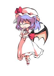 Rule 34 | 1girl, bat wings, bow, chibi, closed eyes, collar, collared dress, dairi, dress, full body, hair between eyes, hands up, hat, hat ribbon, mob cap, no shoes, open mouth, puffy short sleeves, puffy sleeves, purple hair, red bow, red ribbon, remilia scarlet, ribbon, short hair, short sleeves, simple background, socks, solo, standing, tachi-e, touhou, transparent background, white background, white dress, white hat, white sleeves, white socks, wings, wrist cuffs