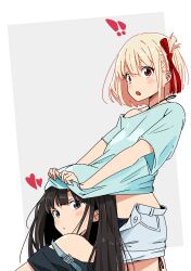 Rule 34 | !, !!, 2girls, absurdres, bare shoulders, belt, black hair, blonde hair, blue shirt, blush, breasts, green shirt, head under another&#039;s clothes, heart, highres, inoue takina, long hair, looking at viewer, looking back, lycoris recoil, medium breasts, misskiwi, multiple girls, nishikigi chisato, open mouth, purple eyes, red belt, red eyes, shirt, shirt over head, simple background, stomach, under another&#039;s clothes, white background, yuri