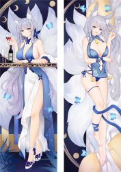 Rule 34 | 1girl, alcohol, alternate costume, animal ear fluff, animal ears, azur lane, blue butterfly, blue collar, blue dress, blue panties, blue ribbon, bottle, breasts, bug, butterfly, butterfly on hand, chinese clothes, collar, cup, dakimakura (medium), detached collar, dress, drinking glass, evening gown, fox ears, full body, halter dress, halterneck, high heels, insect, kitsune, kyuubi, large breasts, large tail, long dress, long hair, looking at viewer, lying, microdress, moeanime, multiple tails, multiple views, official alternate costume, on side, panties, ribbon, shinano (azur lane), shinano (dreams of the hazy moon) (azur lane), shoes, side-tie panties, silver hair, sleeveless, sleeveless dress, standing, tail, thigh strap, underwear, very long hair, white footwear, white tail, wine, wine bottle, wine glass, wrist flower